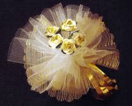 Three Gold and Ivory Tulles with Five Luxury Gold and Ivory Roses
